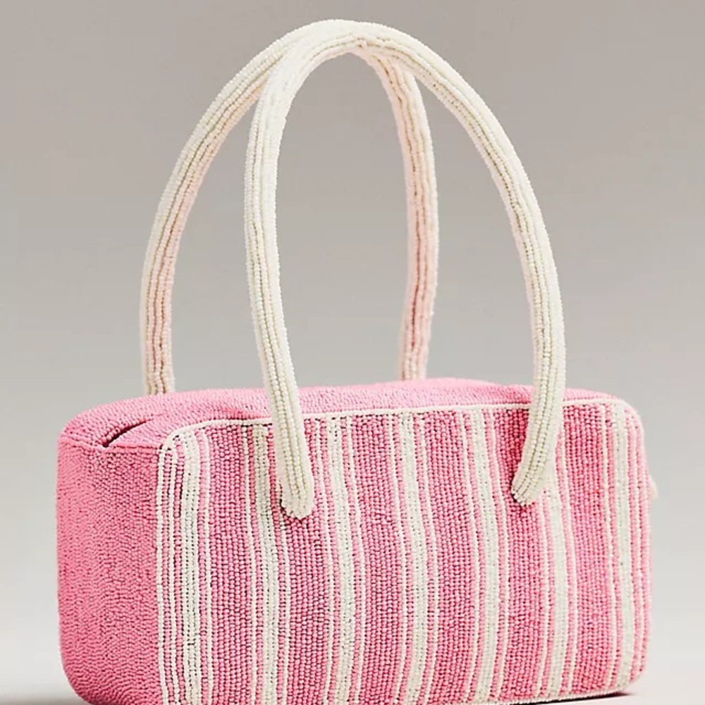 Anthropologie Pink Beaded Stripe Tote Bag - Elegant Women's Handbag - Picture 3 of 9